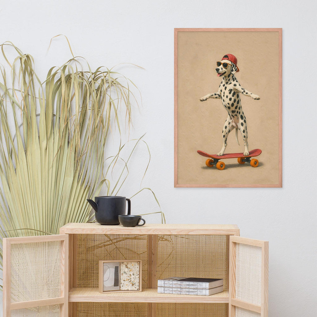 Dalmatian Dog Skateboard Wall Art displayed in a modern room, ideal dalmatian poster accent for minimalist dog art