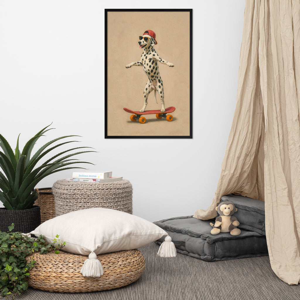 Dalmatian nursery wall art print showing a Dalmatian standing on a red skateboard against a beige background, displayed in a styled room with a plant, woven ottomans, a cushion, a floor cushion, and a curtain.
