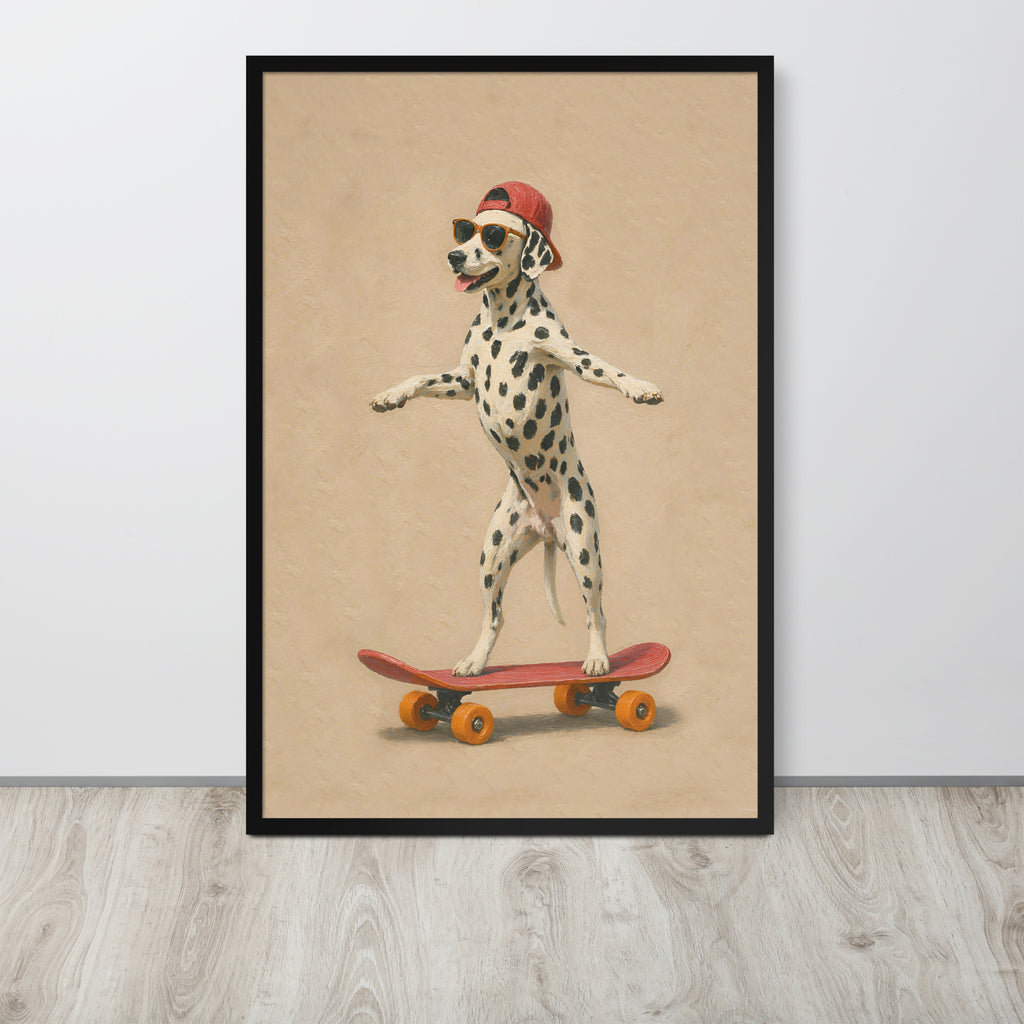 Dalmatian wall art print featuring a Dalmatian standing on a red skateboard against a beige background, leaning against a white wall on a light wood floor.