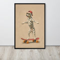Dalmatian wall art print featuring a Dalmatian standing on a red skateboard against a beige background, leaning against a white wall on a light wood floor.
