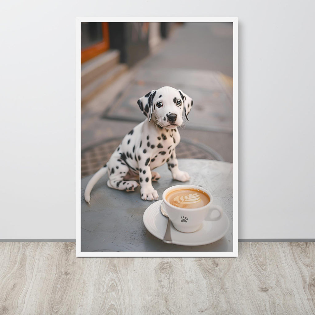 Dalmatian Puppy Coffee Print hanging as funny animal poster decor with a dalmatian poster look
