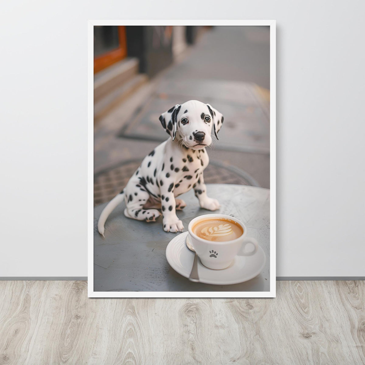 Dalmatian Puppy Coffee Print hanging as funny animal poster decor with a dalmatian poster look