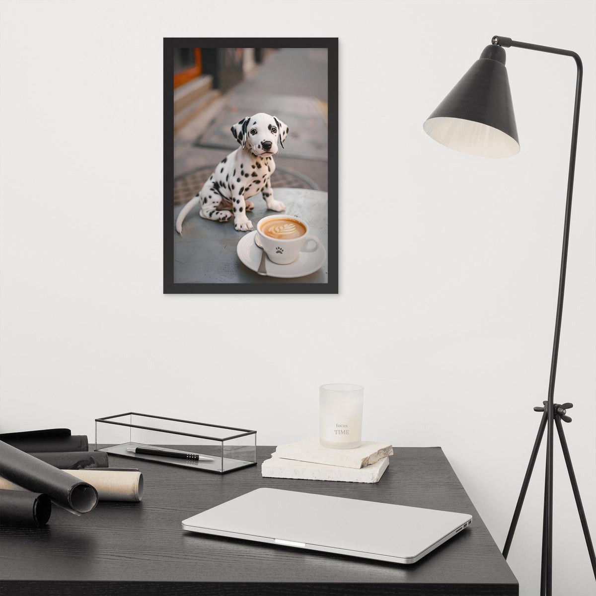 Dalmatian Puppy Coffee Print styled on a wall, blending coffee dog poster and dalmatian print inspiration