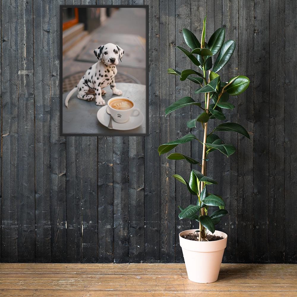Dalmatian Puppy Coffee Print mockup highlighting cozy cafe wall art and dog cafe wall art style