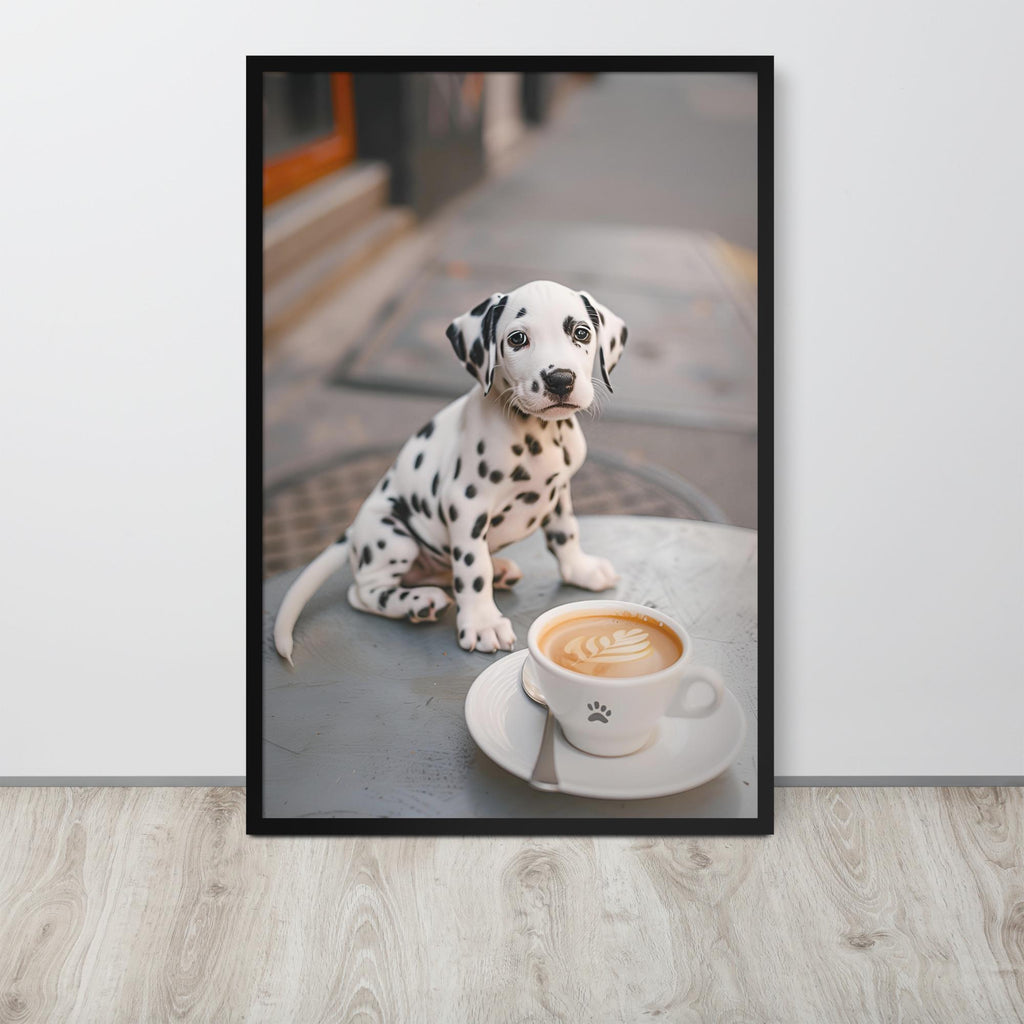 Dalmatian Puppy Coffee Print displayed in a modern room, ideal cute puppy dog print accent for dog lover gifts
