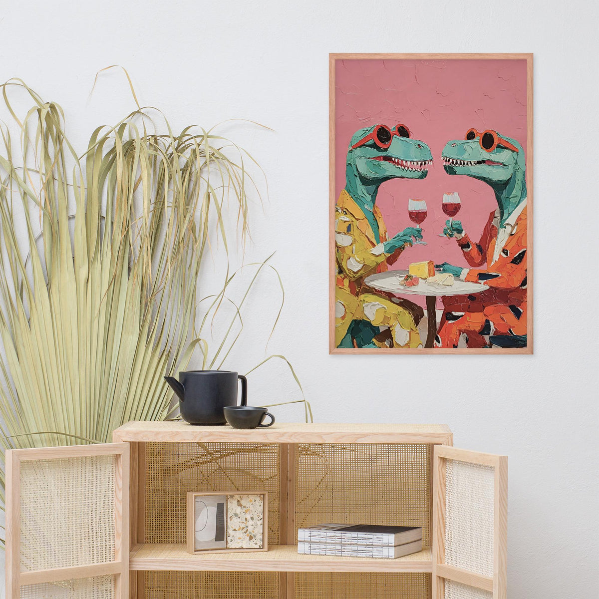 Dinosaur Date Wall Art displayed in a modern room, ideal dinosaur print accent for funny dinosaur print