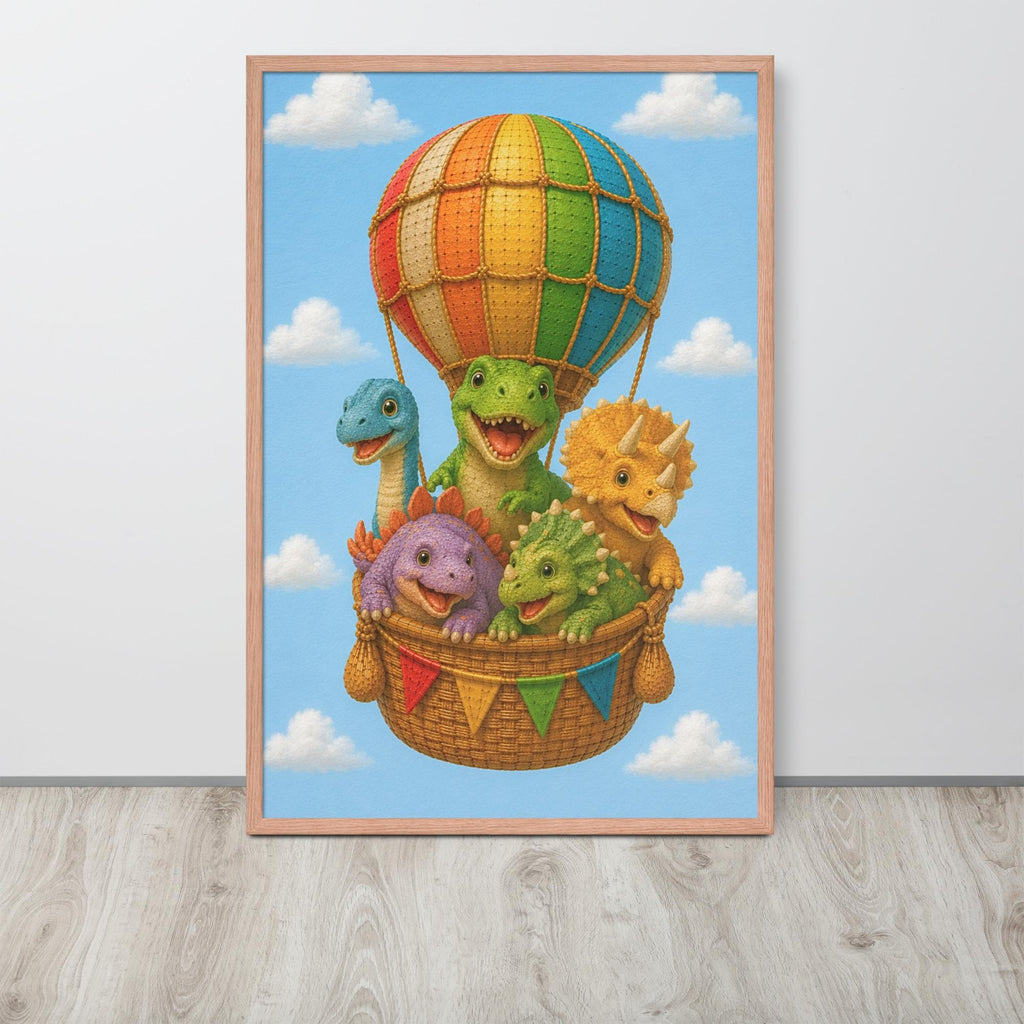 A framed dinosaur nursery wall art print featuring a whimsical illustration of five cute cartoon dinosaurs in a hot air balloon basket against a blue sky with clouds, displayed on a light wood floor against a white wall.