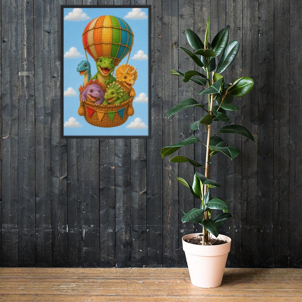 Dinosaurs Hot Air Balloon Nursery Wall Art styled on a wall, blending dino hot air balloon and dinosaur nursery art inspiration