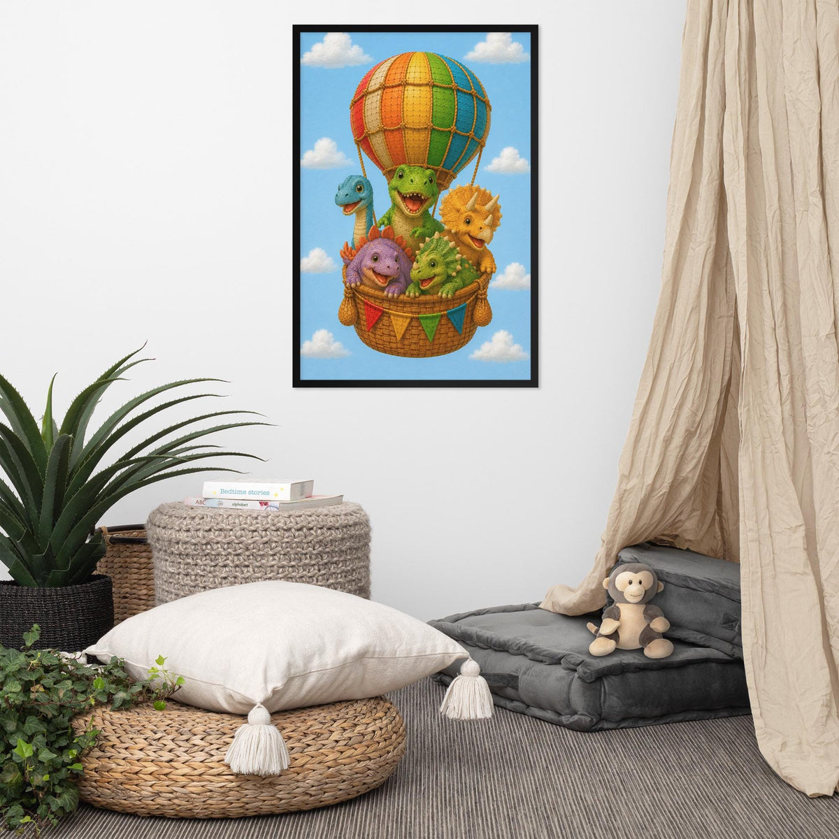 Dinosaurs Hot Air Balloon Nursery Wall Art showcasing dino nursery, a great pick for dinosaur poster lovers