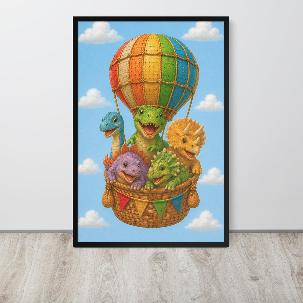 Dinosaurs Hot Air Balloon Nursery Wall Art mockup highlighting dino nursery decor and dinosaur print style