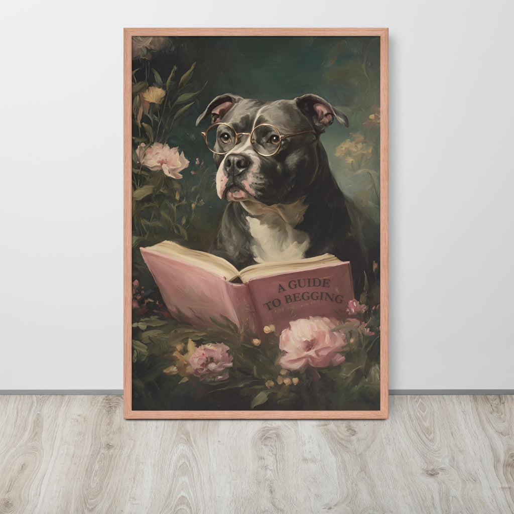 Dog Reading 'A Guide To Begging' Wall Art Print styled on a wall, blending dog bathroom and funny dog reading inspiration