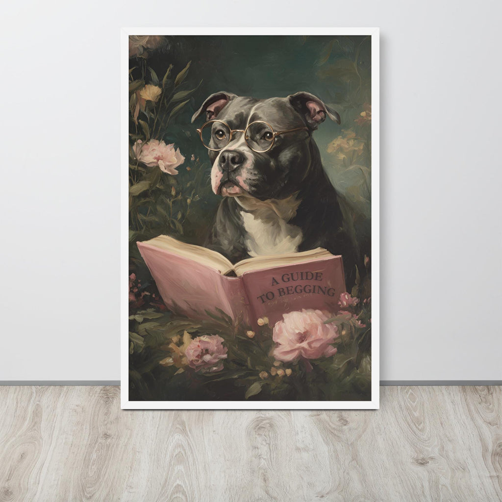 Dog Reading 'A Guide To Begging' Wall Art Print showcasing dog bathroom art, a great pick for funny dog wall art lovers