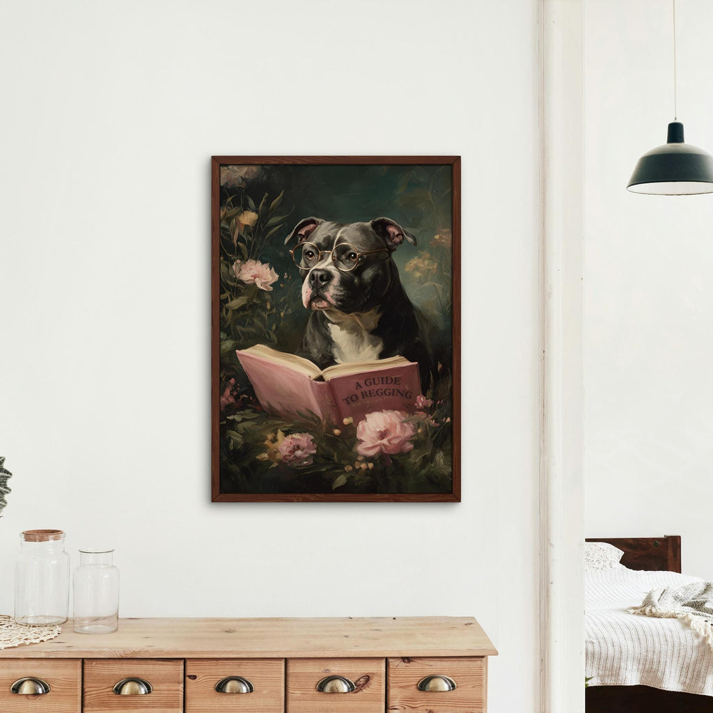 Dog Reading 'A Guide To Begging' Wall Art Print mockup highlighting dog reading art and pitbull art style
