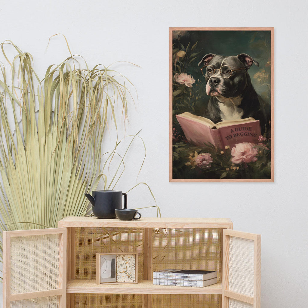 Dog Reading 'A Guide To Begging' Wall Art Print displayed in a modern room, ideal dog wall art accent for pitbull dog