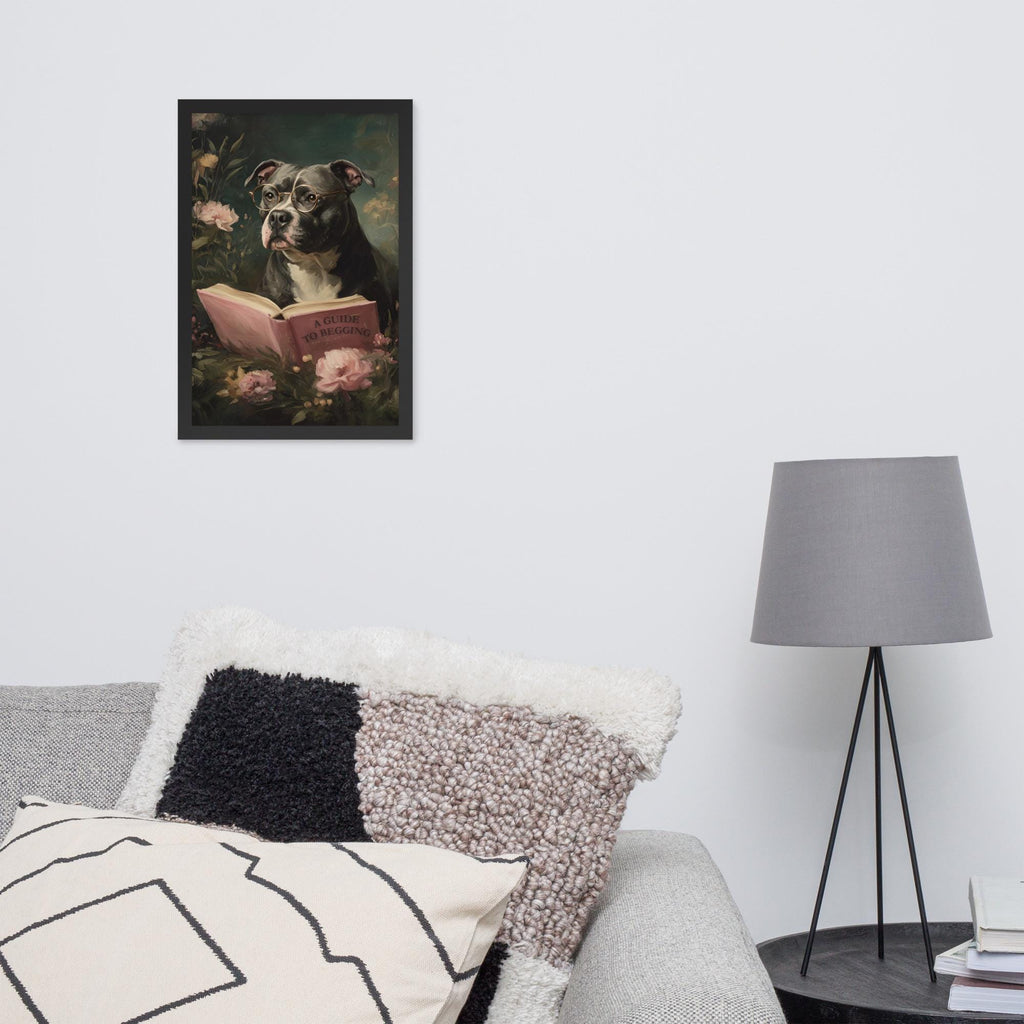 Dog Reading 'A Guide To Begging' Wall Art Print with funny bathroom details, curated for pitbull dog art interiors
