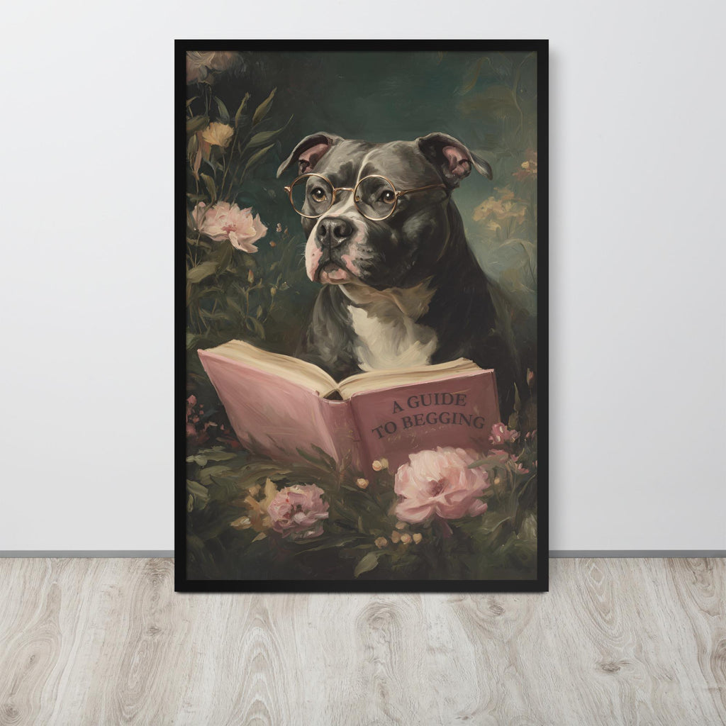 Dog Reading 'A Guide To Begging' Wall Art Print featuring bathroom wall art, perfect funny bathroom art for home decor