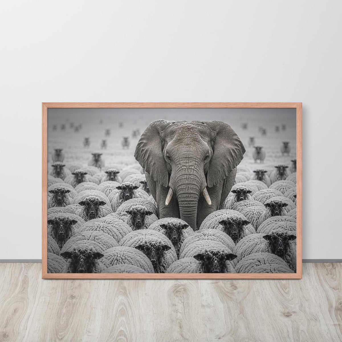 Elephant Among Sheep Print displayed in a modern room, ideal elephant poster accent for motivational art