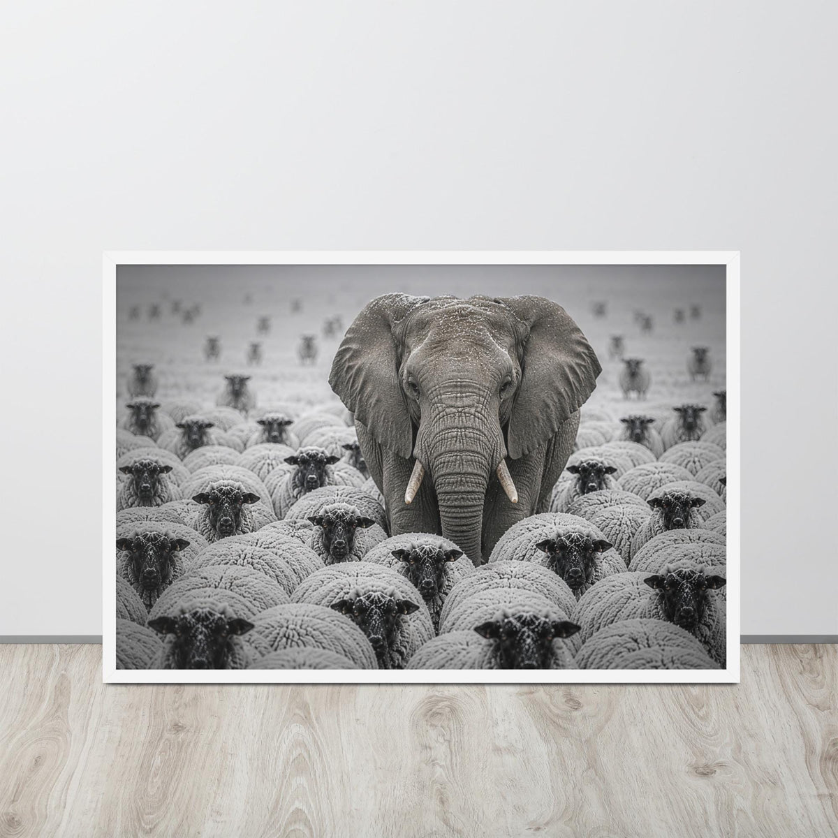Elephant Among Sheep Print with elephant print details, curated for nature photography interiors