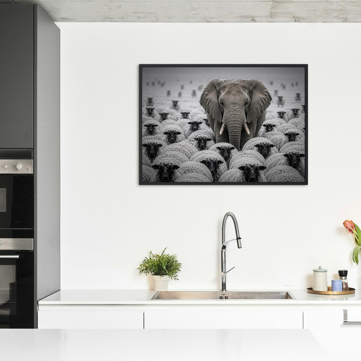 Elephant Among Sheep Print featuring black and white art, perfect elephant wall art for home decor