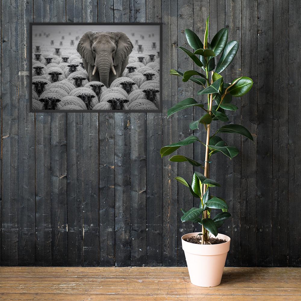 Elephant Among Sheep Print styled on a wall, blending dopamine decor and fine art photography inspiration