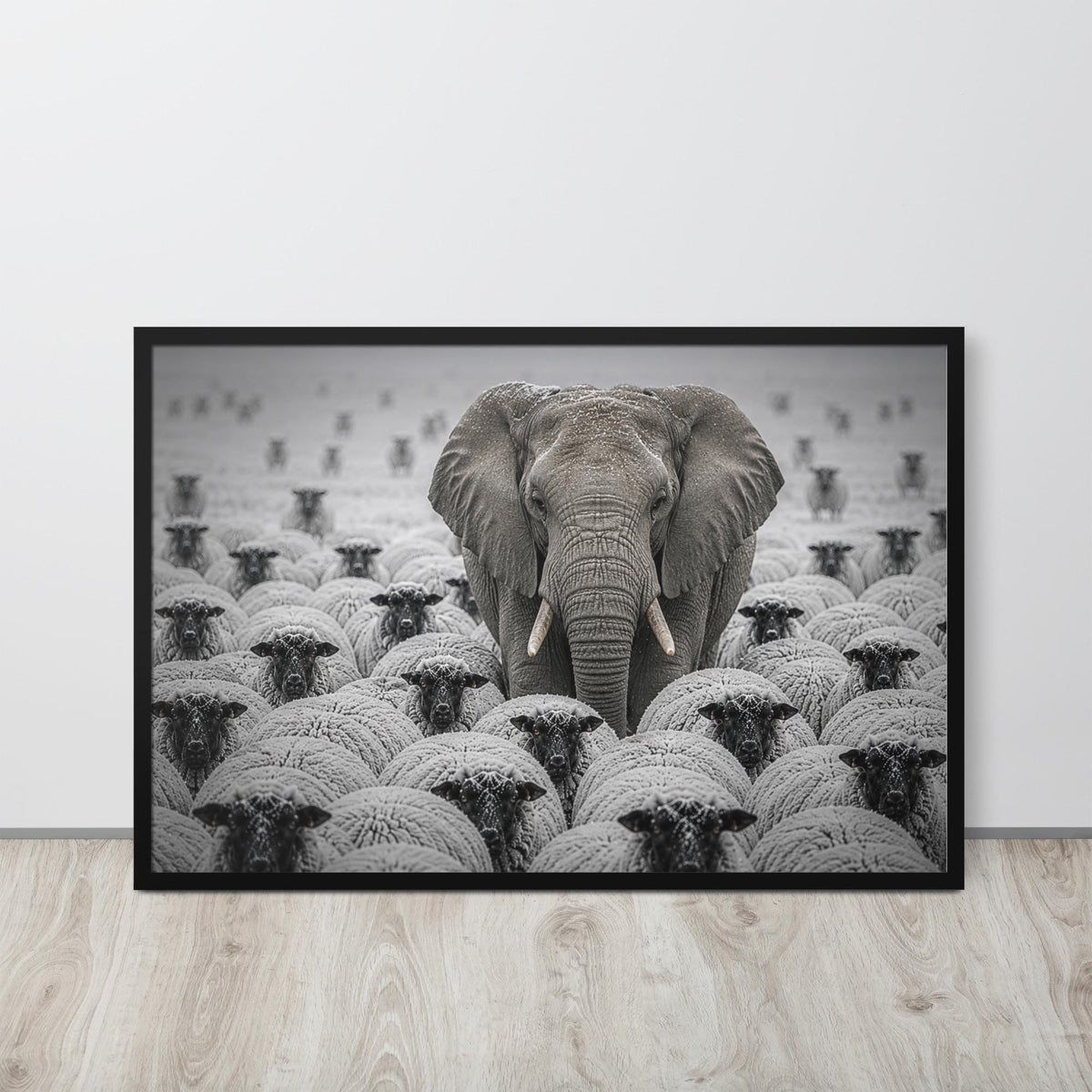 Elephant Among Sheep Print mockup highlighting elephant picture and monochrome wall art style