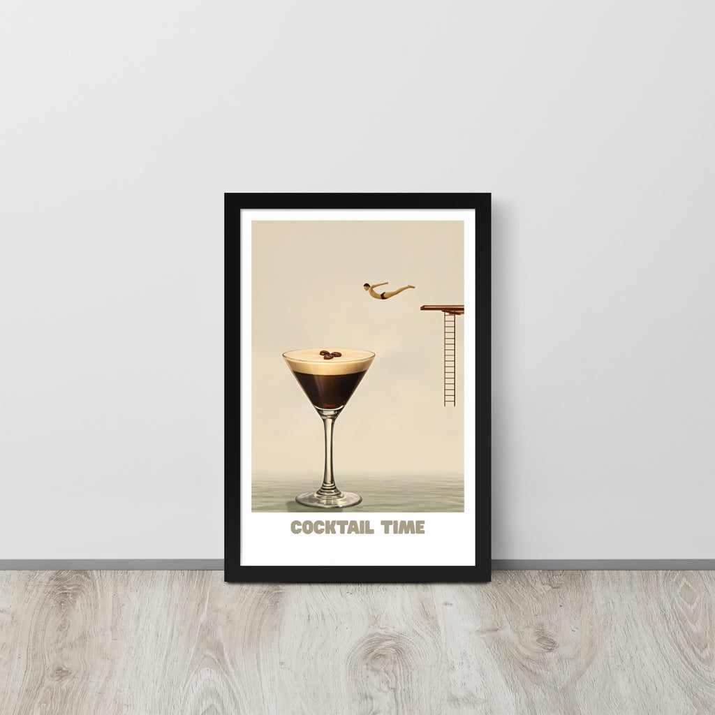 Funny cocktail art print poster in black frame, featuring a diver jumping into an espresso martini glass in warm neutral tones for modern kitchen or bar decor