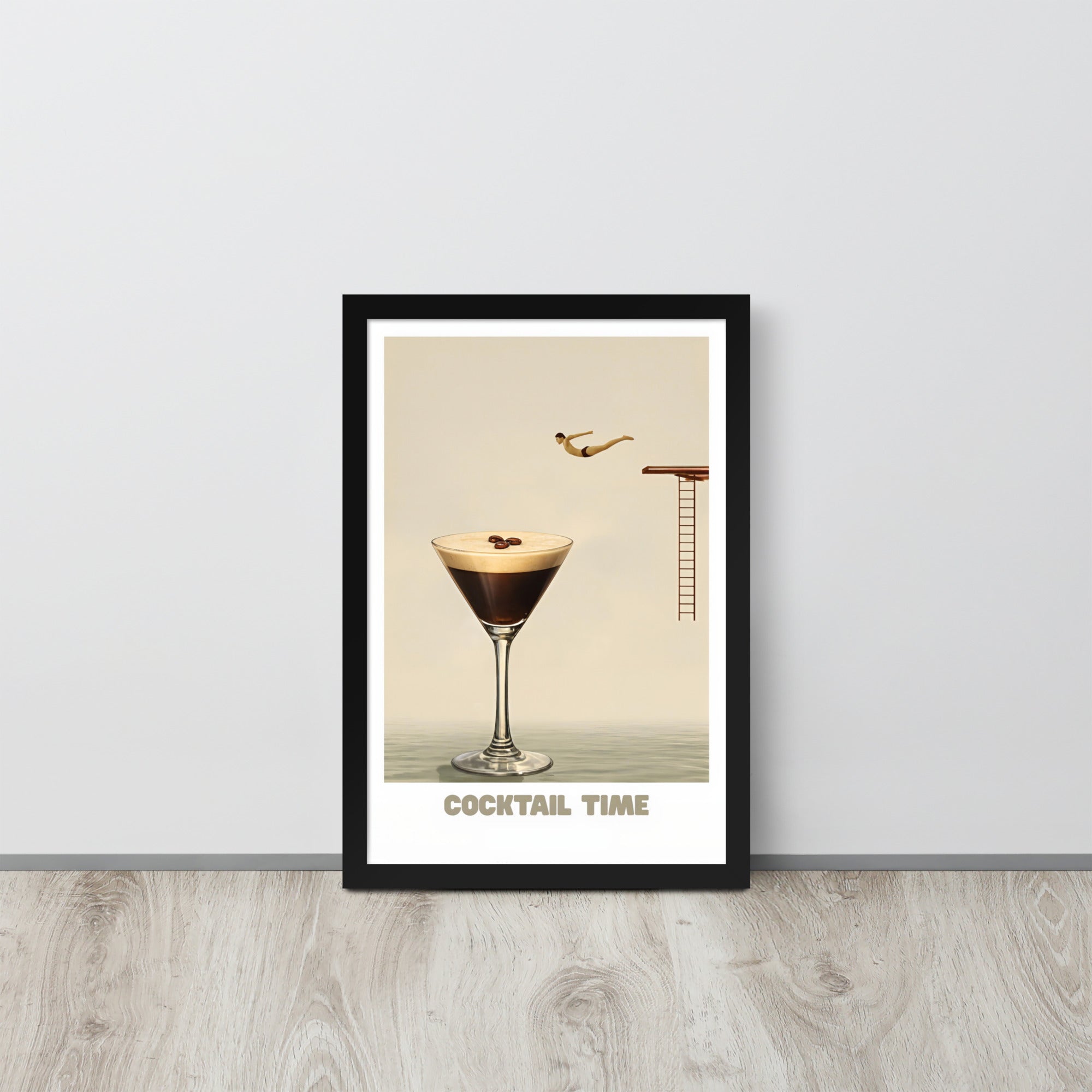 Funny cocktail art print poster in black frame, featuring a diver jumping into an espresso martini glass in warm neutral tones for modern kitchen or bar decor
