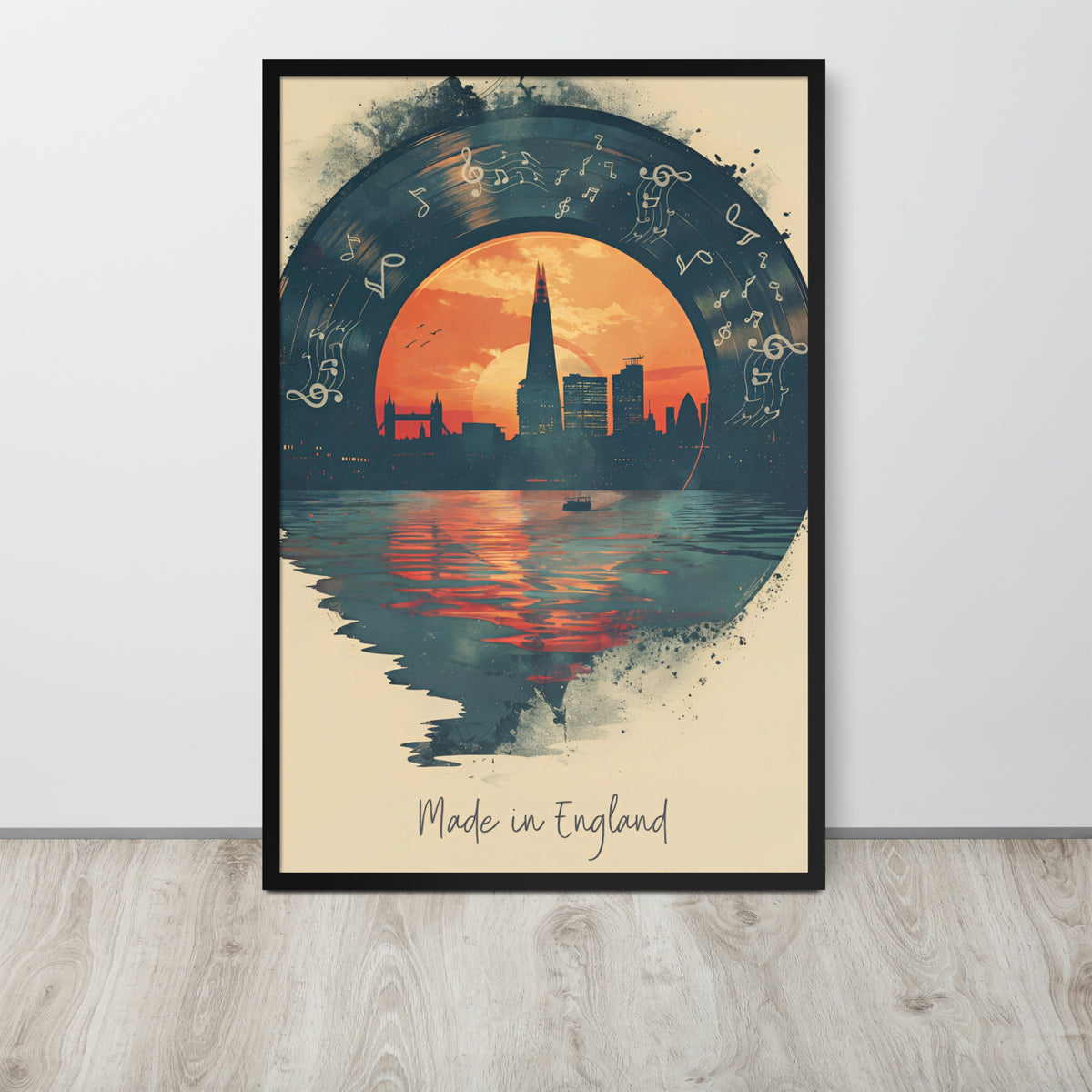 London music wall art print. The artwork shows a circular vinyl with a city skyline at sunset, reflected water, musical notes, and a vinyl record texture, with the text 'Made in England' at the bottom.