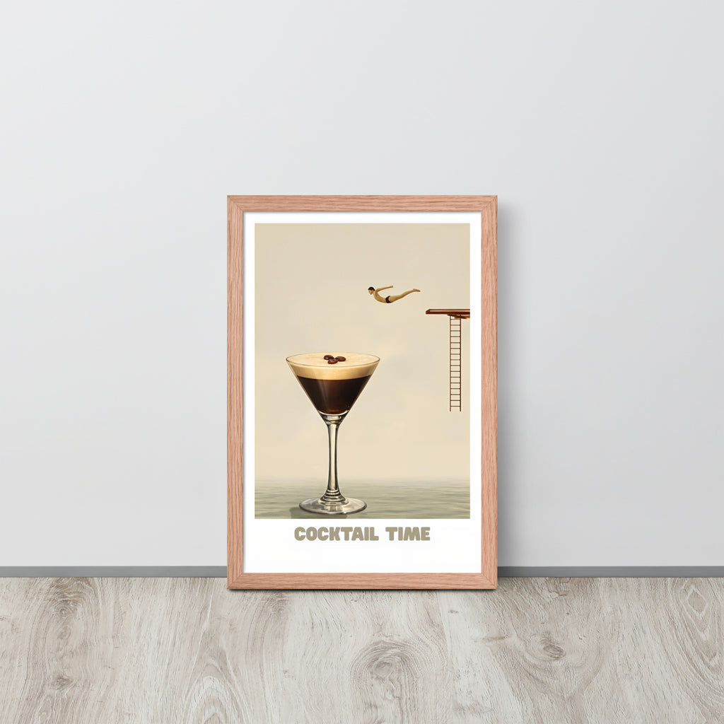 Funny cocktail art print poster in brown frame, featuring a diver jumping into an espresso martini glass in warm neutral tones for modern kitchen or bar decor