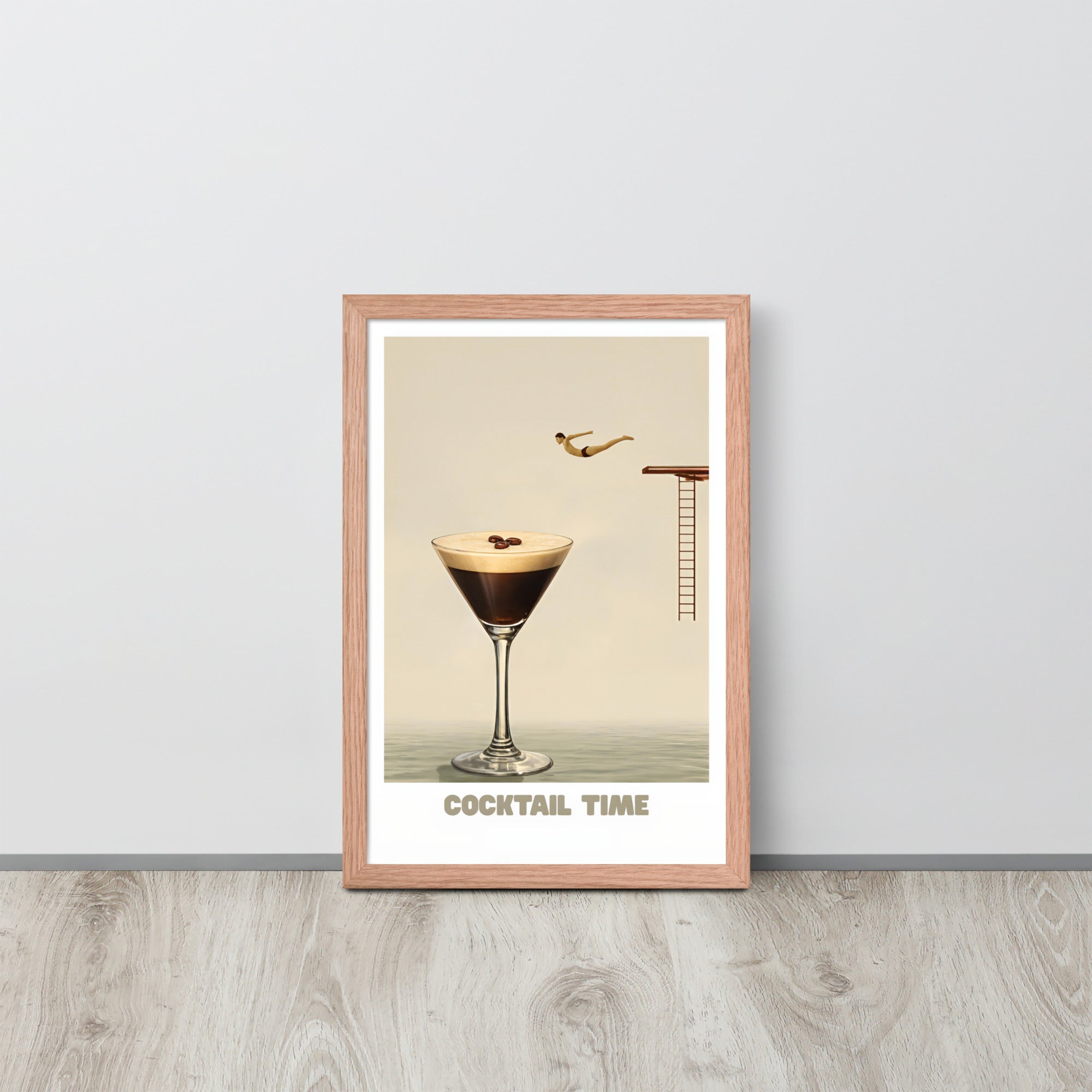 Funny cocktail art print poster in brown frame, featuring a diver jumping into an espresso martini glass in warm neutral tones for modern kitchen or bar decor