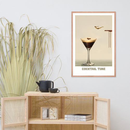 Surreal cocktail art print poster in brown frame, featuring a diver jumping into an espresso martini glass in warm neutral tones for modern kitchen or bar decor