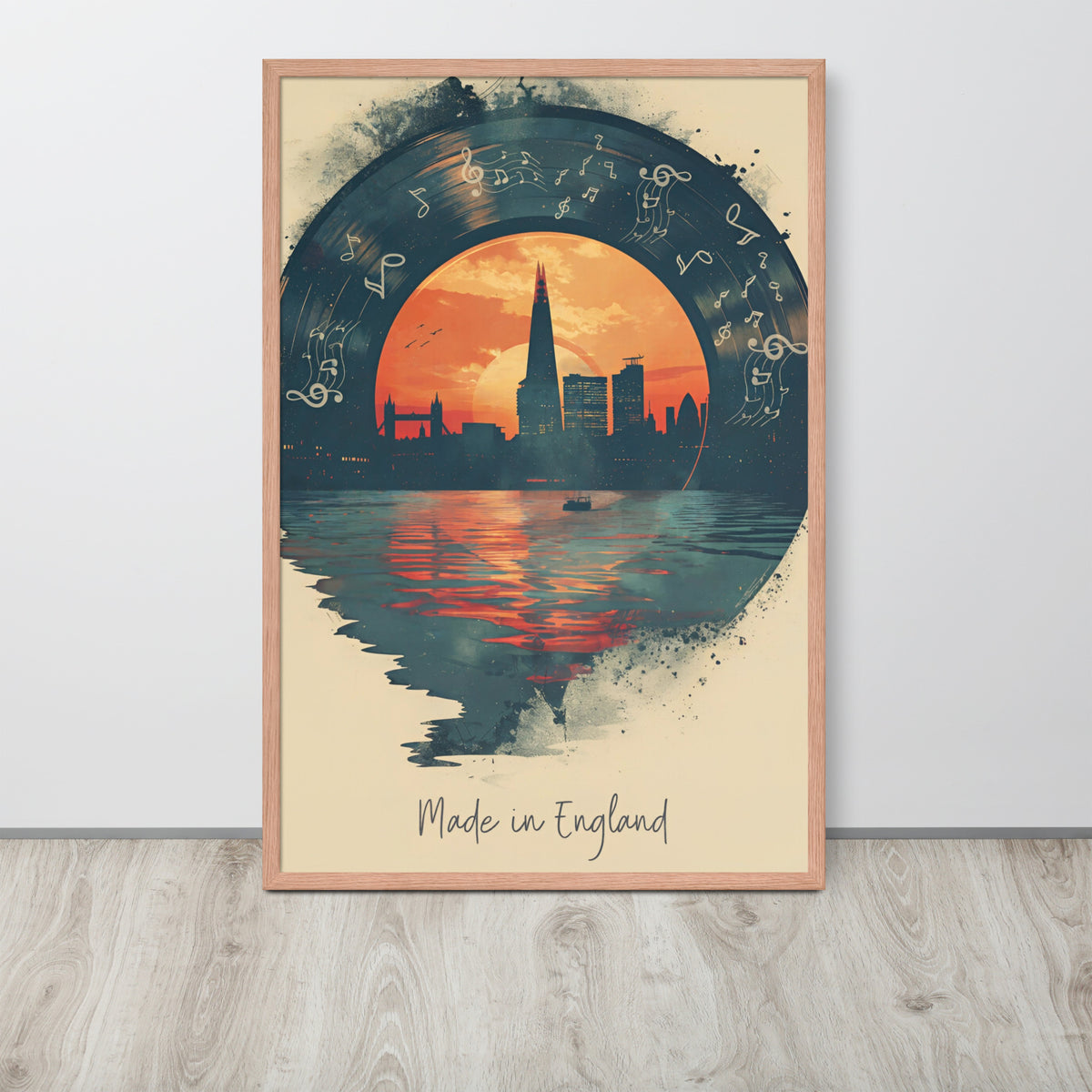 London vinyl art print featuring a stylized London skyline at sunset with a vinyl record and musical notes overlay, the print includes the text 'Made in England' at the bottom.