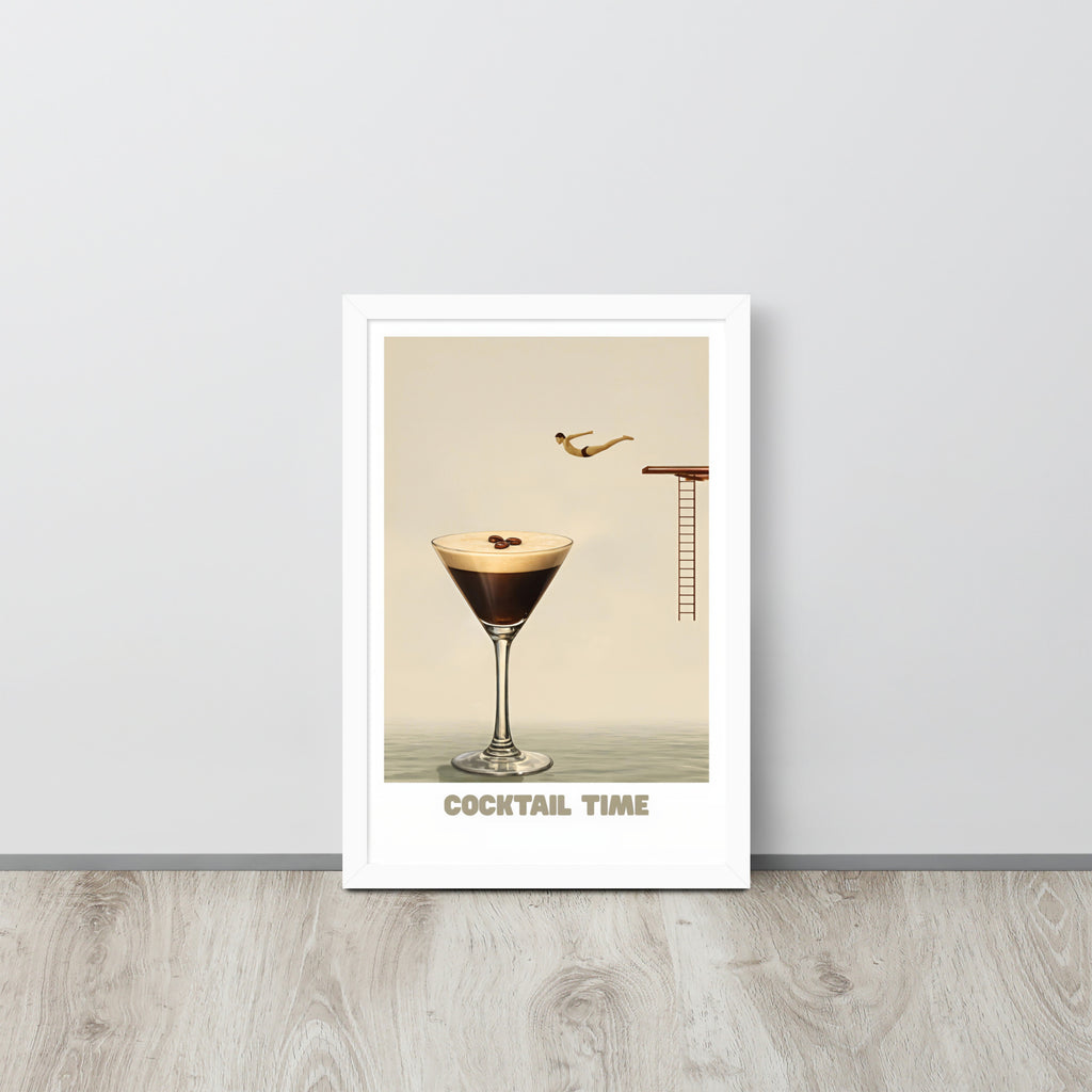 Playful cocktail art print poster in white frame, featuring a diver jumping into an espresso martini glass in warm neutral tones for modern kitchen or bar decor