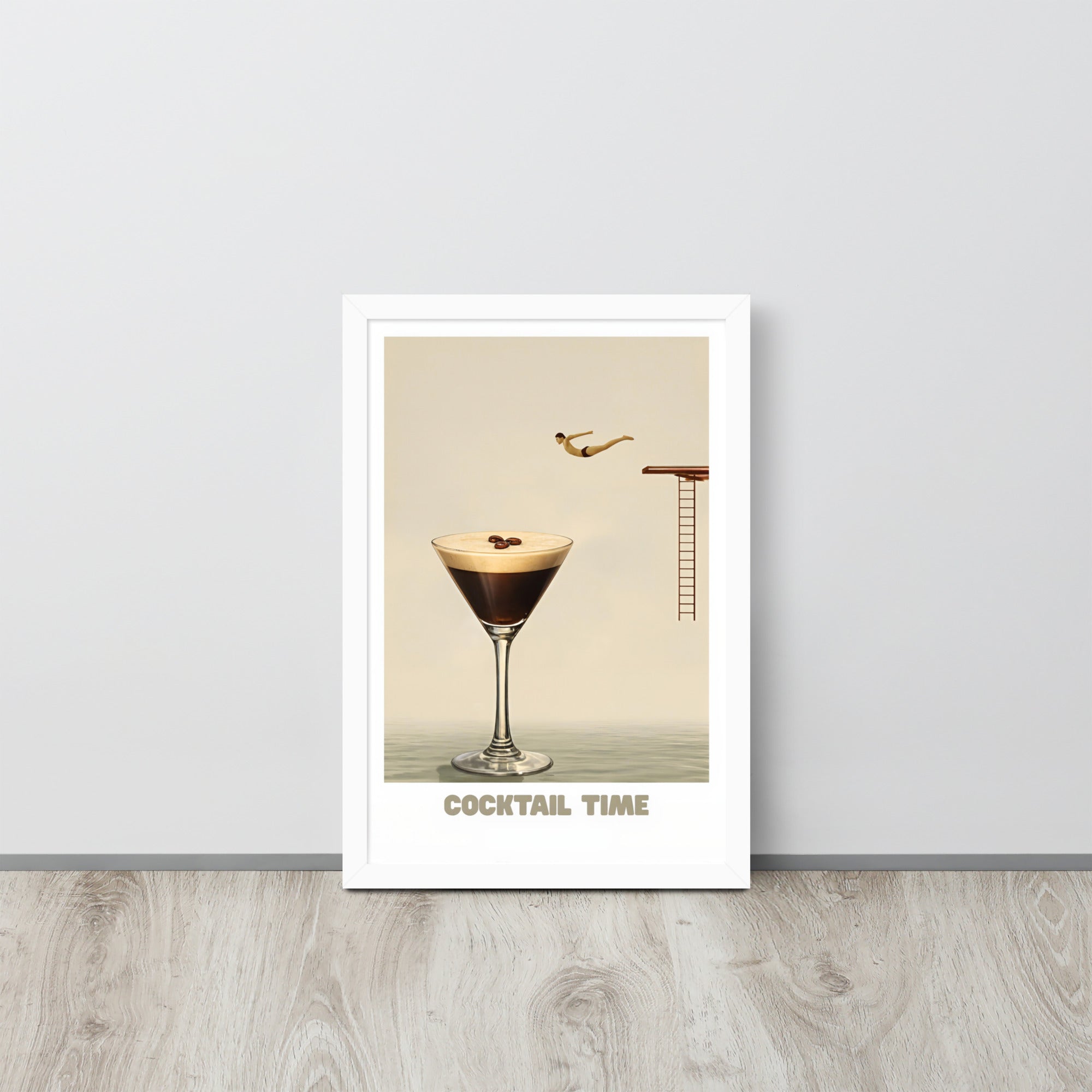 Playful cocktail art print poster in white frame, featuring a diver jumping into an espresso martini glass in warm neutral tones for modern kitchen or bar decor