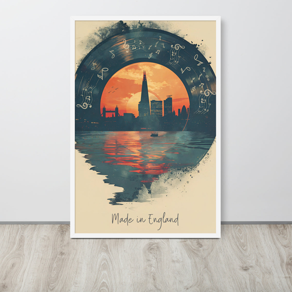 Vinyl wall art print showing a stylized London skyline at sunset with a large vinyl record and musical notes overlay, plus the text 'Made in England' at the bottom.