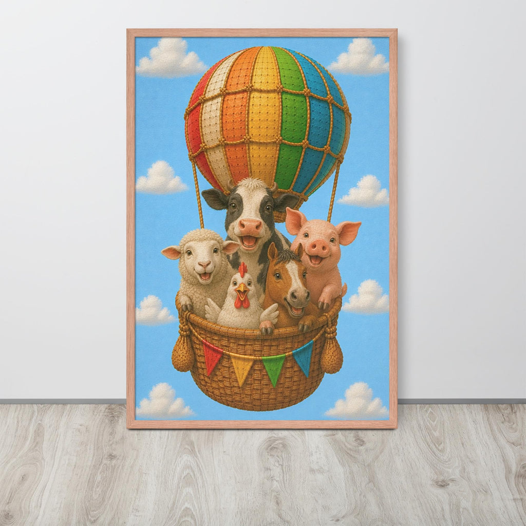 A framed farm nursery wall art print depicting a whimsical scene of a cow, sheep, pig, horse and chicken riding in a hot air balloon basket against a blue sky with clouds, shown leaning against a white wall on a light wood floor.