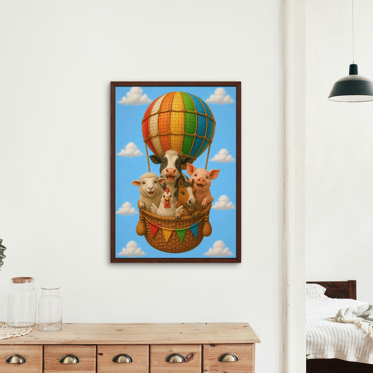 Farm Animals Hot Air Balloon Nursery Wall Art featuring balloon nursery art, perfect farm nursery print for home decor