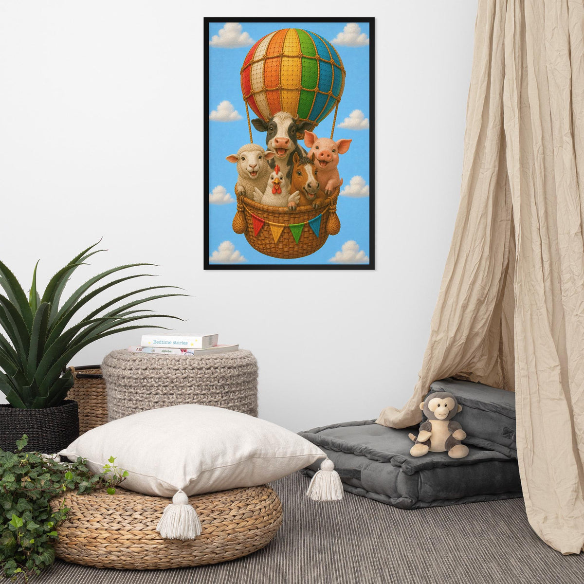 Farm Animals Hot Air Balloon Nursery Wall Art showcasing farm animal prints, a great pick for farm poster lovers