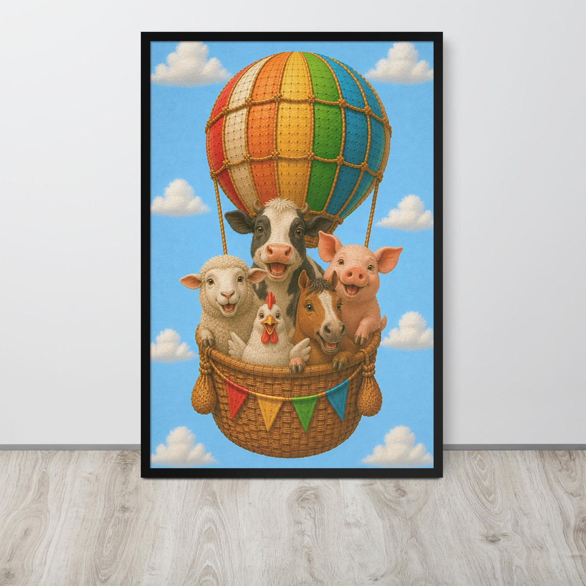 Farm Animals Hot Air Balloon Nursery Wall Art mockup highlighting farm hot air balloon and farm wall art style