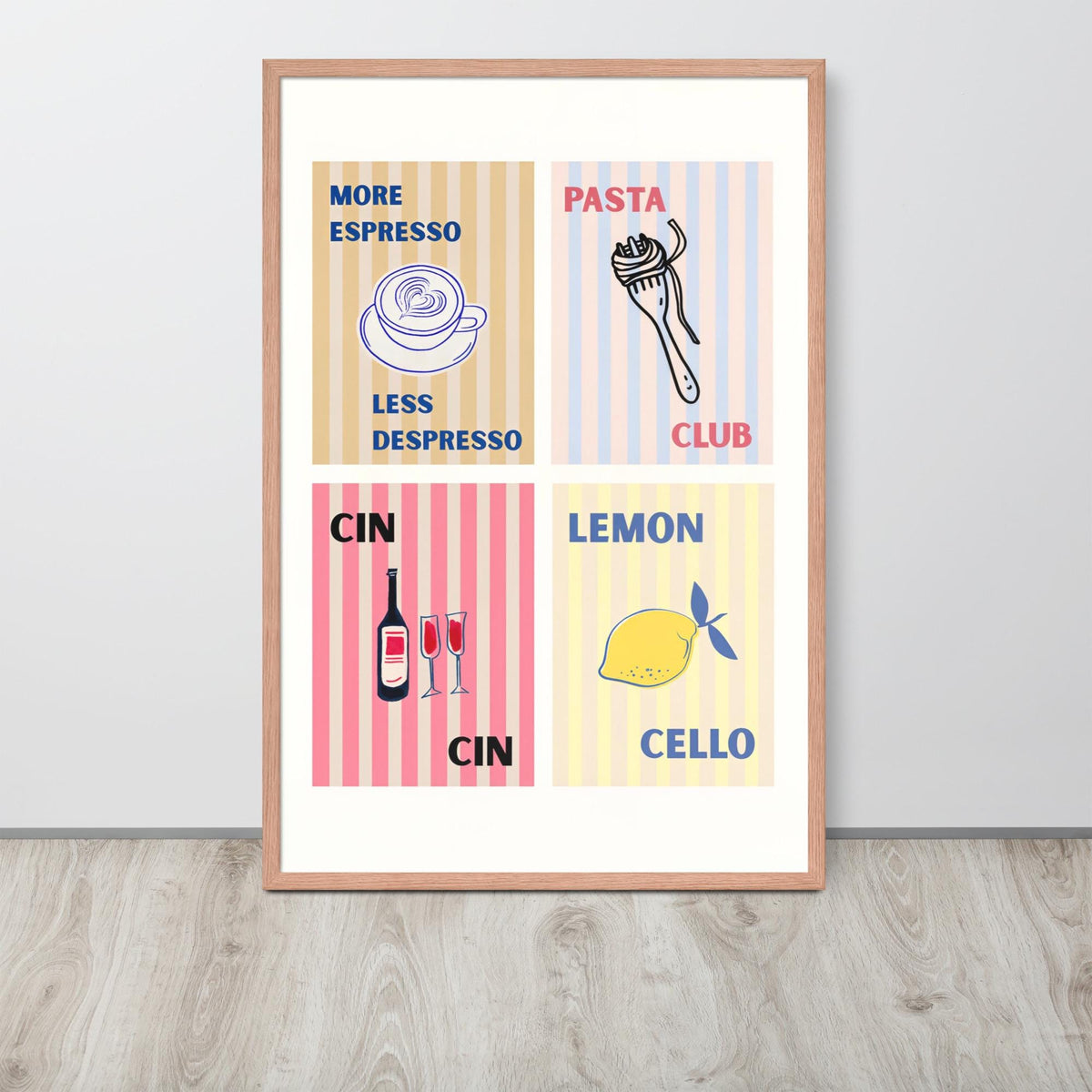 Food Club Wall Art Print displayed in a modern room, ideal food lover gift accent for limoncello