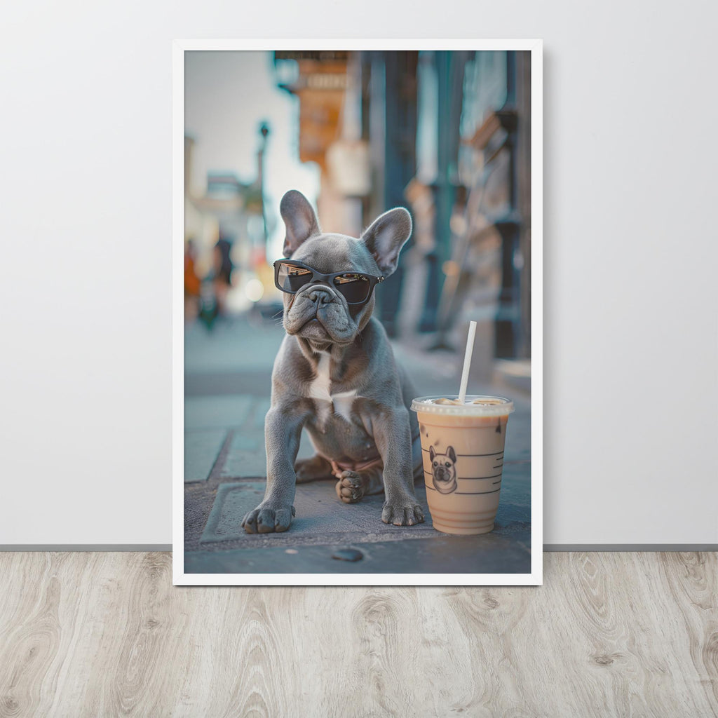French Bulldog Coffee Poster hanging as latte wall art decor with a french bulldog art look