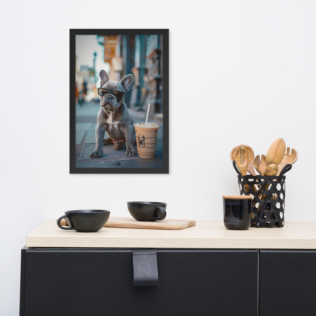 French Bulldog Coffee Poster styled on a wall, blending coffee lover gift and frenchie dog print inspiration