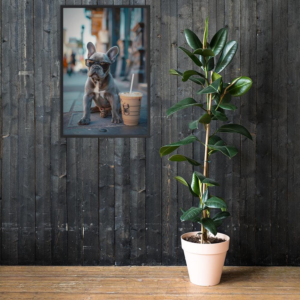 French Bulldog Coffee Poster mockup highlighting cute dog print and funny dog poster style