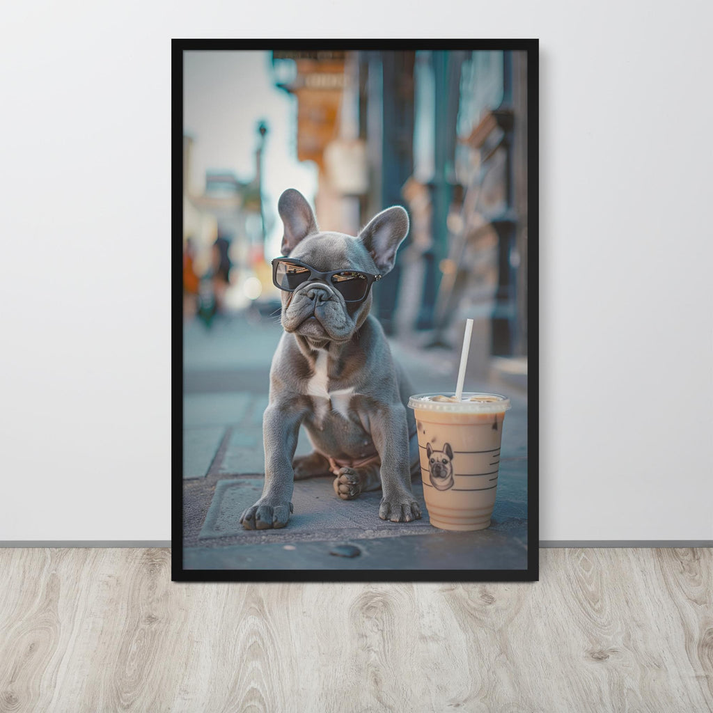 French Bulldog Coffee Poster displayed in a modern room, ideal dog lover gifts accent for iced coffee poster