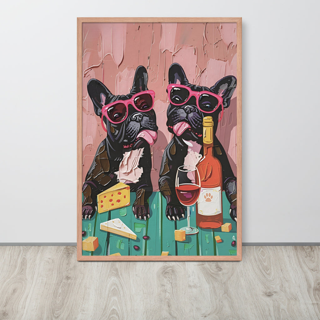 Funny dining room art print featuring two black French bulldogs wearing pink sunglasses, sitting at a table with cheese, wine, and a bottle, displayed against a light wall on a light wood floor.