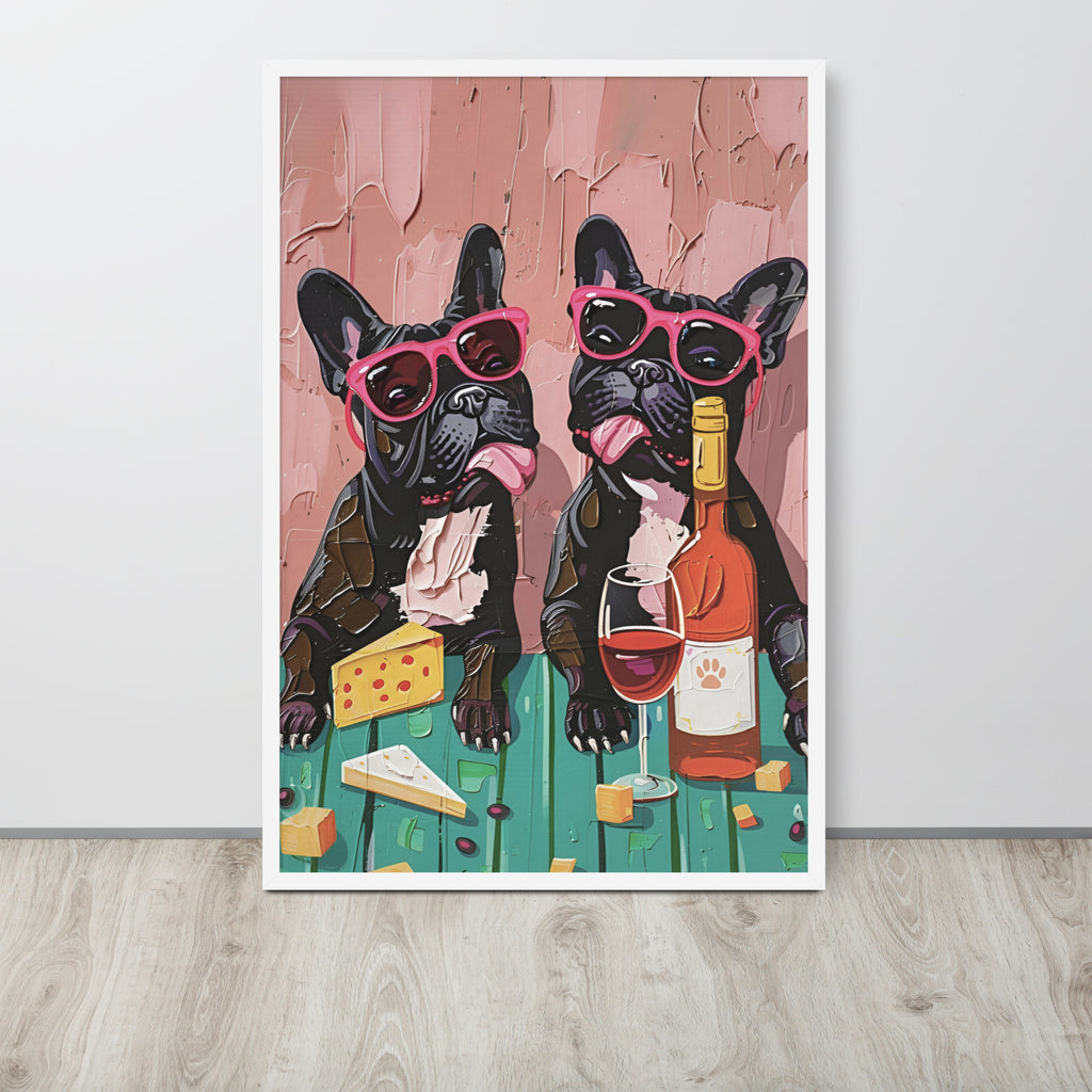 Funny Frenchie lover wall art print featuring a whimsical illustration of two black French bulldogs wearing pink sunglasses, sitting at a table with cheese, wine, and a bottle, displayed against a light wall on a light wood floor.
