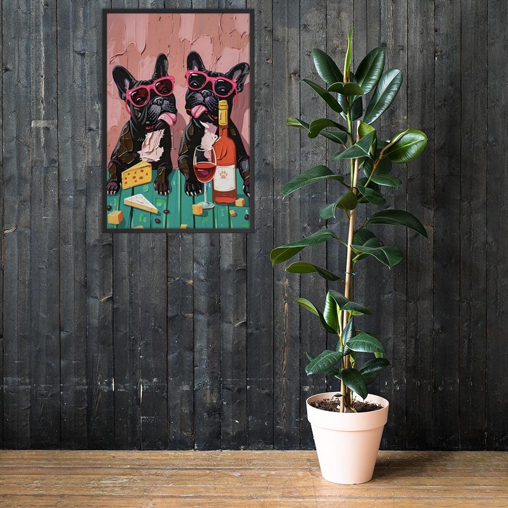 French Bulldog Oil Painting Style Wall Art mockup highlighting dog wine and cheese and funny dog poster style