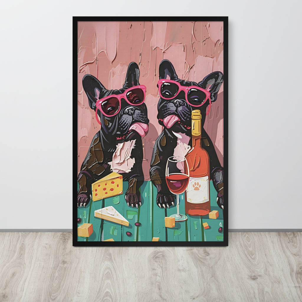Funny kitchen art print featuring a whimsical illustration of two black French bulldogs wearing pink sunglasses, sitting at a teal table with cheese, wine, and a bottle. The print is displayed on a light wall above a light wood floor.