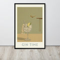 Art print titled 'GIN TIME'. The print features a vintage-style illustration of a gin cocktail glass with a lemon slice, straw, and towel, alongside a diving board and diver against a muted sage green and beige background.