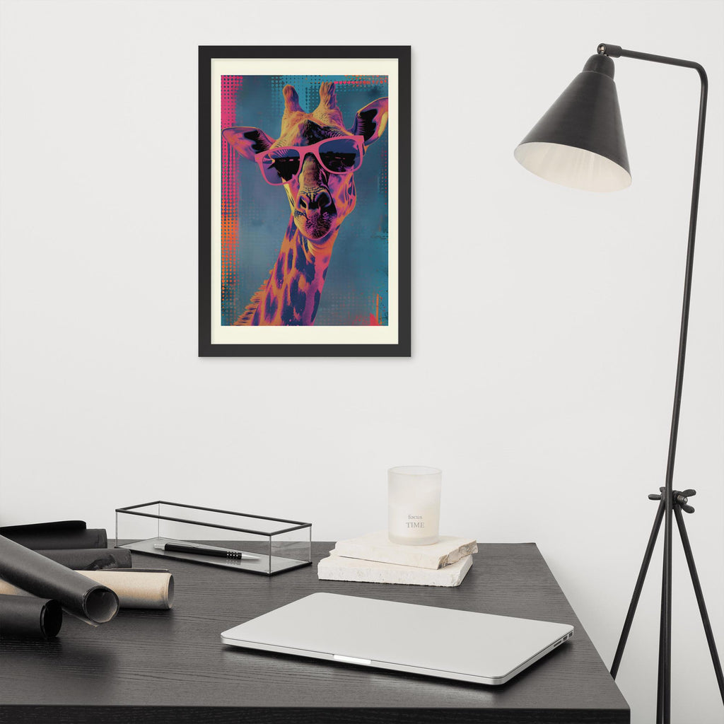 Giraffe Pop Art Print displayed in a modern room, ideal giraffe pop art accent for whimsical animal art
